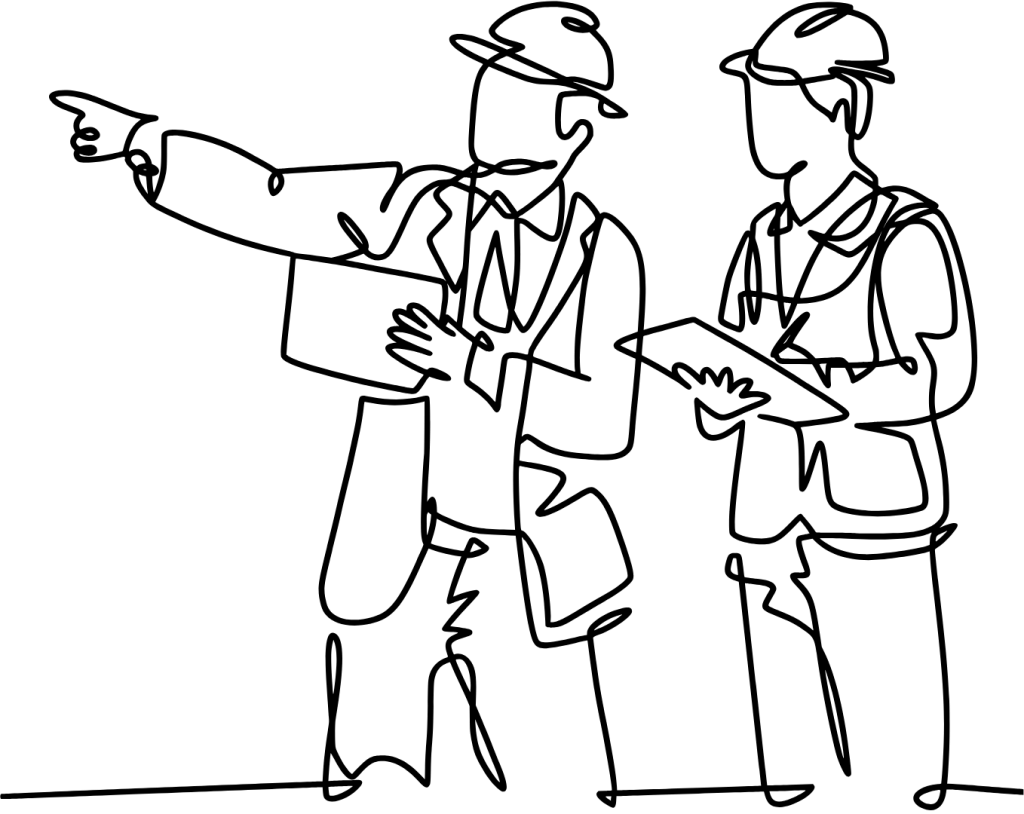Image Shows a line drawing of two men in hard hats one taking notes and the other pointing