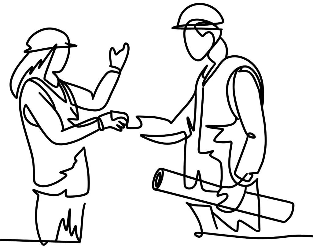 Image shows a line drawing of a man and a woman in hard hats shaking hands