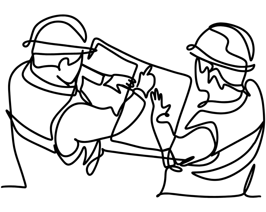 Image shows a line drawing of two men with hard hats looking at a design plan