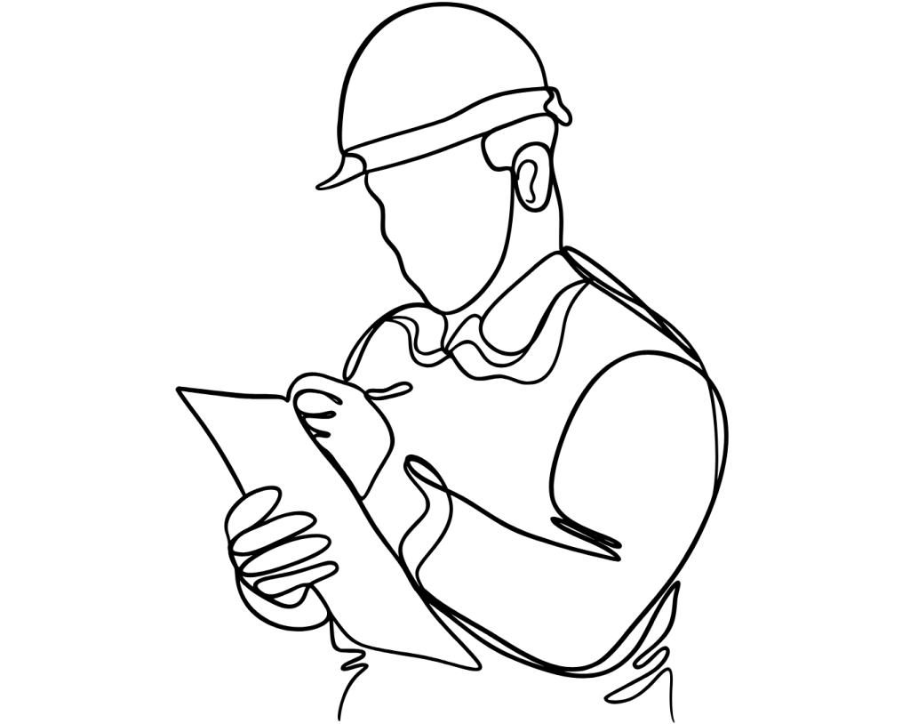 Image shows a line drawing of a man in a hard hat taking notes