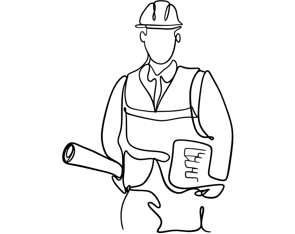 Image shows a line drawing of a man in a hard hat and a high vis jacket