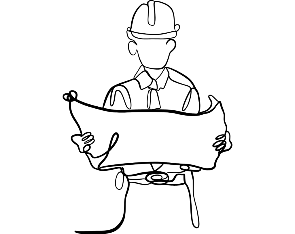Image shows a line drawing of a man in a hard hat looking at design plans