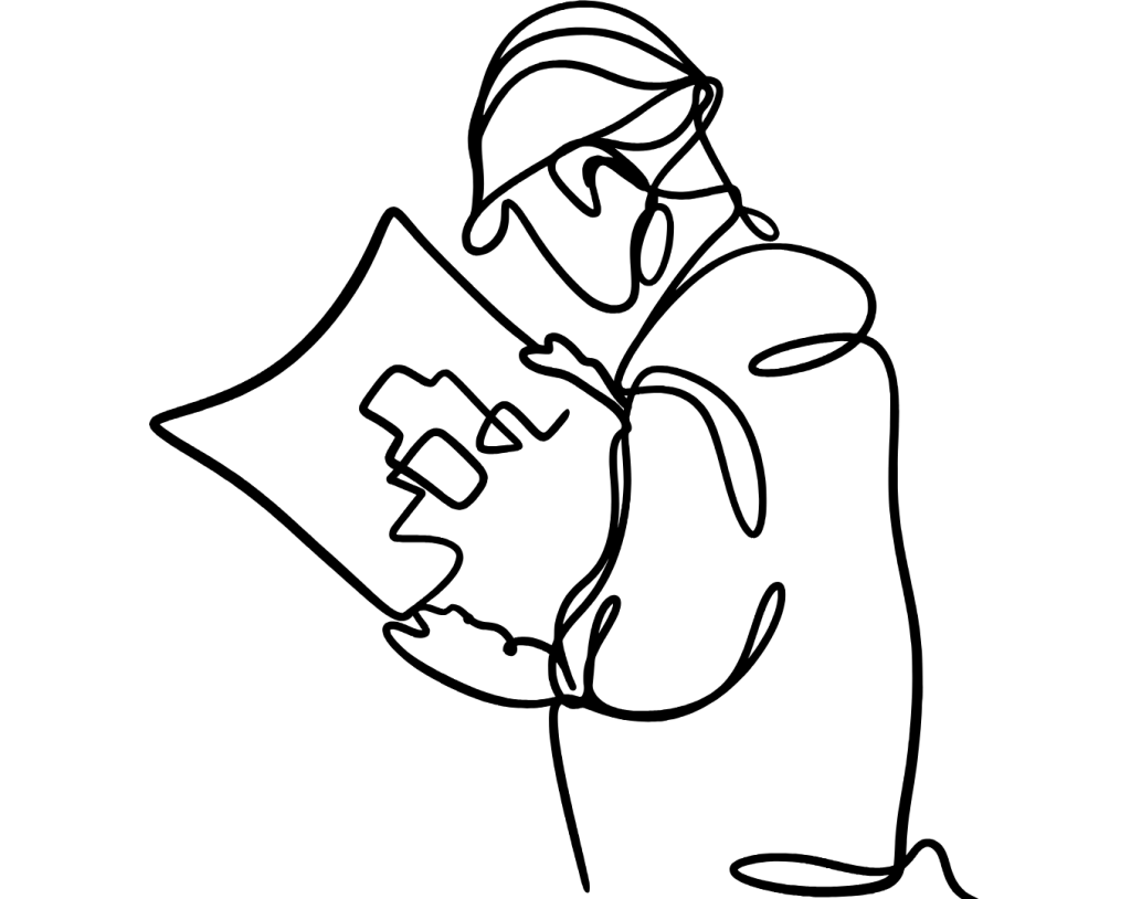 Image shows a line drawing of a man in a hard hat looking at design plans