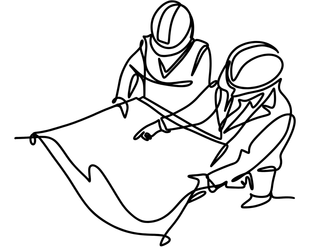 Image shows a line drawing of two men with hard hats looking at a design plan