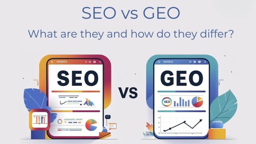 Image shows Graphics of SEO and GEO to beg the question "What are they and how do they differ?"