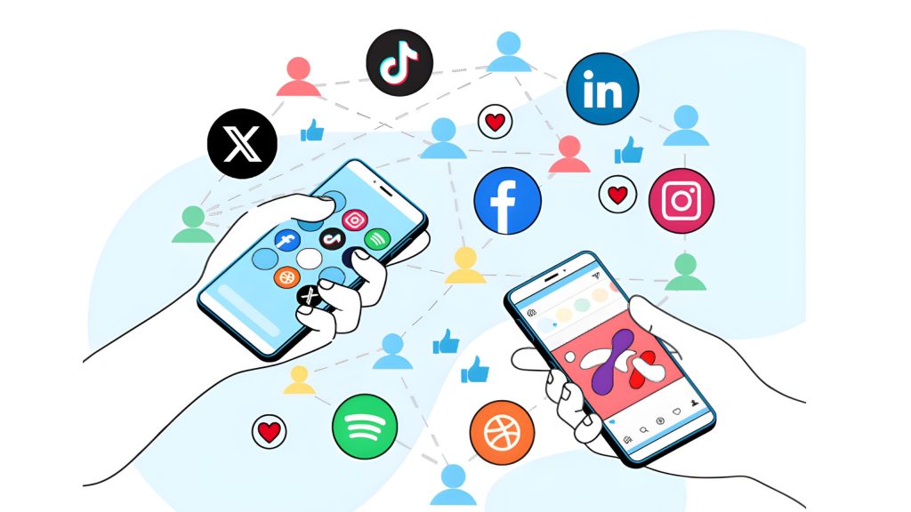 Image shows two phones being held in hands with a web of social media apps in the background